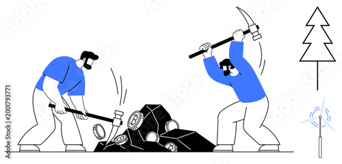 Environmental impact, resource extraction, sustainability, energy production, industrial work, future energy transition. Two workers mining coal. Resource extraction and sustainability concepts
