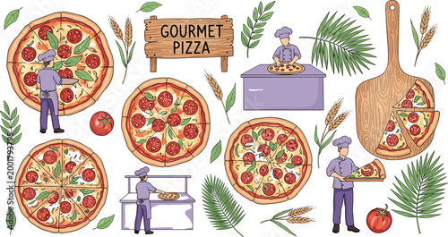 Gourmet Pizza Illustration Set with Chef Characters Fresh Ingredients and Italian Food Elements Vector Collection for Restaurant Menu Cooking and Culinary Design