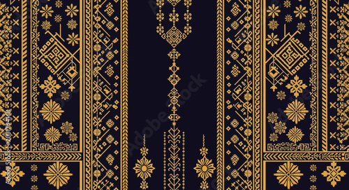 Luxury Gold Ethnic Geometric Pattern on Dark Navy: Elegant Thai Traditional Ornament and Floral Border Design for Royal Textiles and High-End Stationery