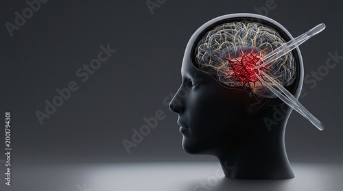 Human head with glowing neural Threads and tweezers easing pain, stress concept, tension headache