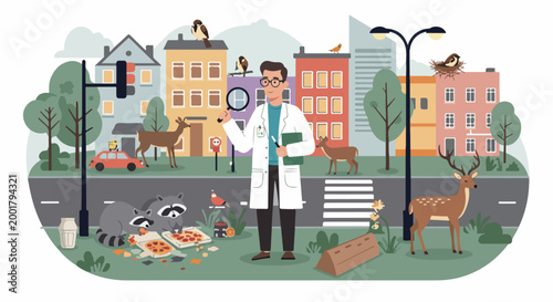 Scientist studying urban ecology and wildlife adaptation in a modern city environment with deer, raccoons, and birds among buildings.