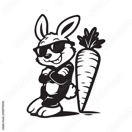 Cool cartoon rabbit wearing sunglasses standing with a carrot