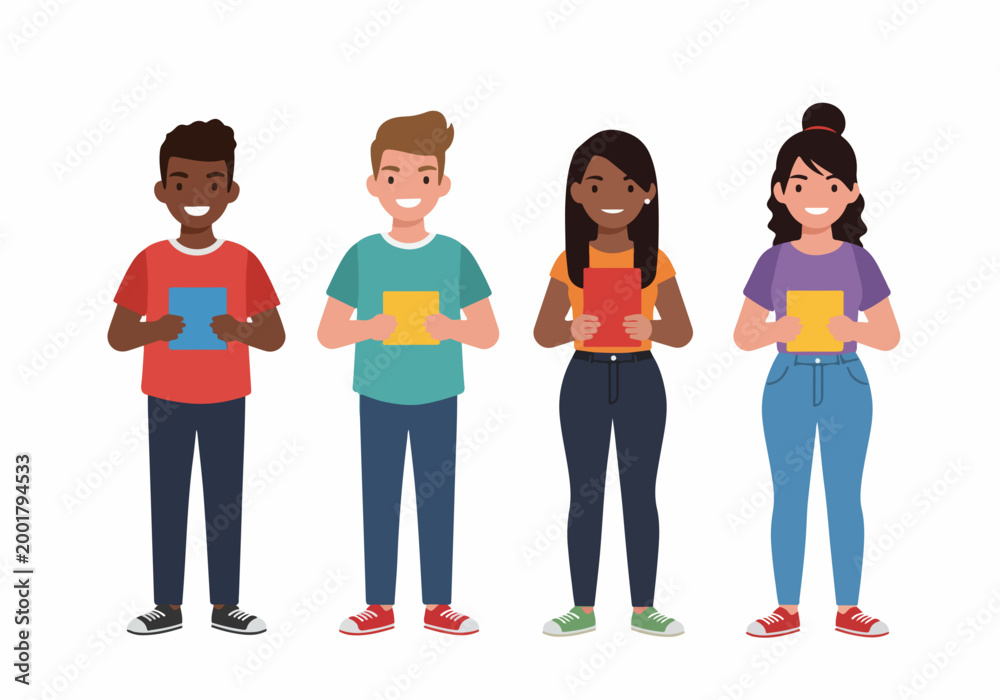 Fototapeta premium Group of diverse multiethnic students standing and holding notebooks, flat character illustration isolated on white background