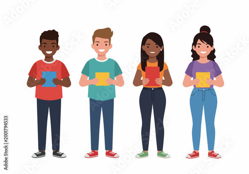Group of diverse multiethnic students standing and holding notebooks, flat character illustration isolated on white background