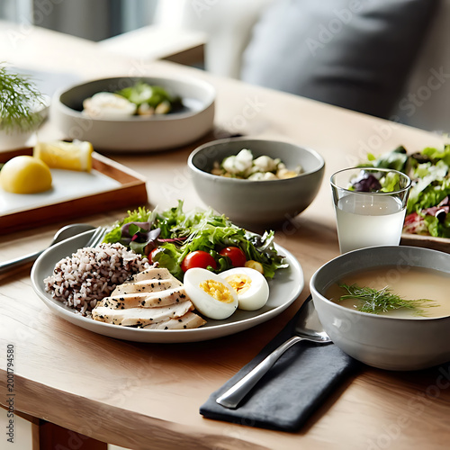 Healthy Lunch with Chicken Salad, Boiled Egg, and Brown Rice / チキンサラダ、ゆで卵、玄米が並ぶ栄養バランスの良いヘルシーランチ