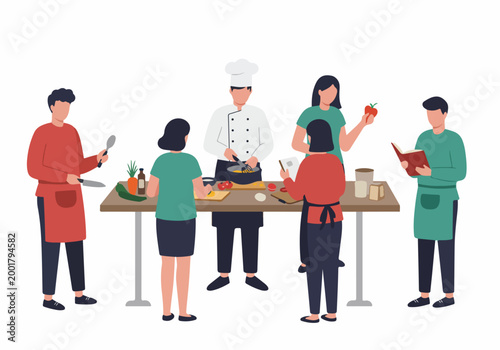 Flat illustration of a group of people attending a culinary workshop or cooking class led by a professional chef in a kitchen.
