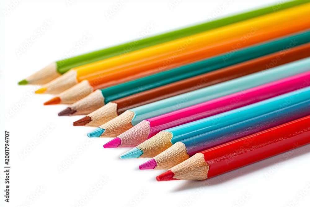 Fototapeta premium Vibrant Colored Pencils on White Background. Colored pencils arranged diagonally in a neat row isolated on white background ideal for art education and design with copy space for text.