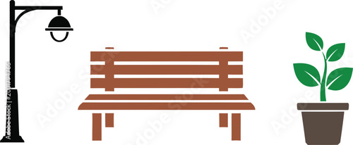 Park scene with bench lamp post and potted plant a peaceful silhouette