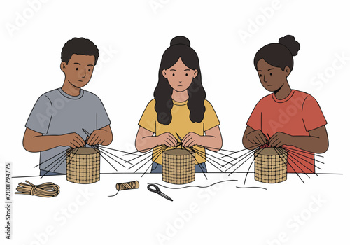 Photos Illustration of a diverse group of young people focused on the traditional craft of basket weaving at a communal table