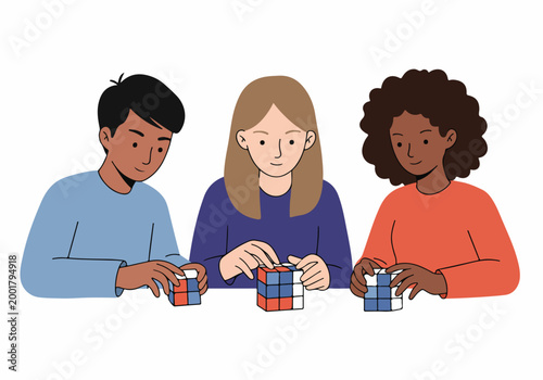 Foto Illustration of three diverse children sitting at a table together, focused on solving colorful cube puzzles and developing their cognitive skills