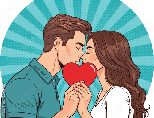 Romantic Couple Kissing with Heart Pop Art Style Illustration for Love Relationship Valentine Day Greeting Card and Dating Concept Vector Design