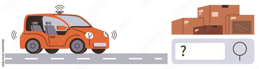 Naklejka premium E-commerce, logistics, autonomous vehicles, package tracking, transportation systems, smart technology. A driverless car on a road with parcel boxes and a search bar. E-commerce and logistics concept