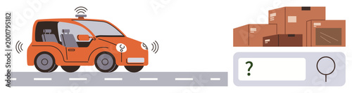 E-commerce, logistics, autonomous vehicles, package tracking, transportation systems, smart technology. A driverless car on a road with parcel boxes and a search bar. E-commerce and logistics concept
