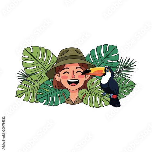 Woman wearing a safari hat smiles with a toucan on her shoulder among tropical leaves.