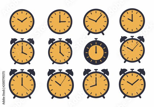 Set of 12 orange and black minimalist flat clock and alarm icons showing various times, isolated on white background.
