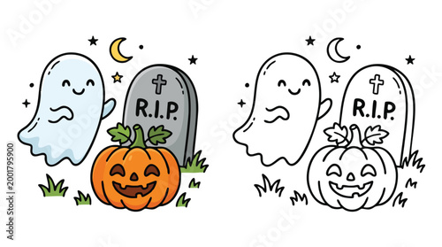 Halloween Cute Cartoon Ghost Pumpkin Tombstone Coloring Page or Digital Activity