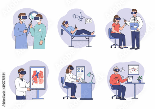 Set of flat vector illustrations depicting various medical applications of virtual reality technology, including surgery simulation, patient consultation, and diagnostic training.