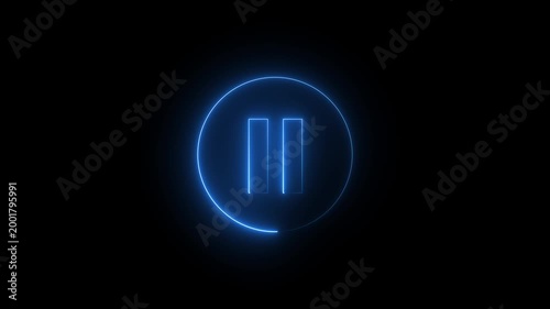 Blue neon pause button icon with glowing outline on black background image photo