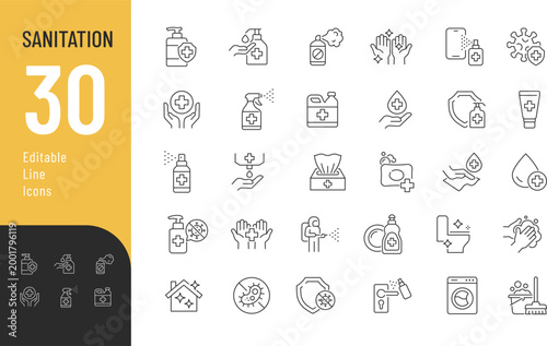Sanitation Line Editable Icons set. Vector illustration in a modern thin line style of cleaning related icons: hygiene products, disinfection, and more. Isolated on transparent background.