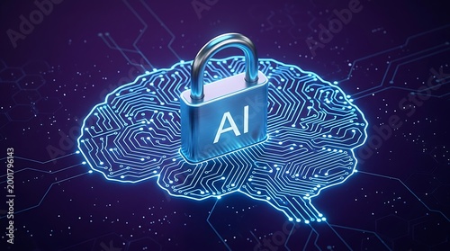 A futuristic illustration of a padlock secures a glowing blue circuit brain with AI, symbolizing technology and innovation in a dark digital environment.