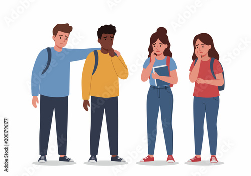 Group of diverse sad teenagers feeling worried and anxious, students needing emotional support and comfort, flat vector illustration on white background.