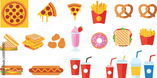 Fast Food Vector Set Including Pizza, Fries, Pretzels, Sandwiches, Hot Dog, Donut, Milkshake, and Soft Drinks for Digital Design.
