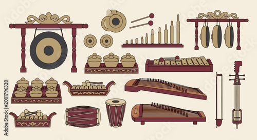 Traditional Indonesian Gamelan Musical Instruments Vector Set Collection