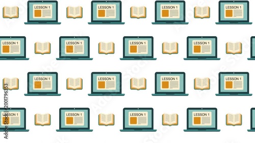 Open Book and Laptop Lesson Seamless Pattern Background, digital education and learning concept