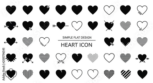 Diverse collection of minimalist black heart icons featuring various styles and creative shapes designed as a versatile vector graphic set for romantic UI elements or modern digital projects needing e