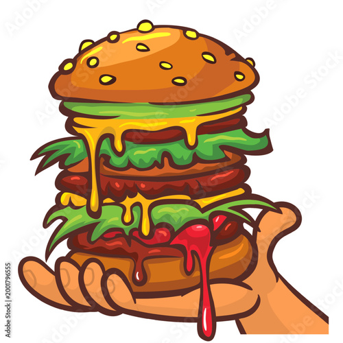 Right hand holding burger. Cartoon vector illustration of tasty hamburger or cheeseburger
