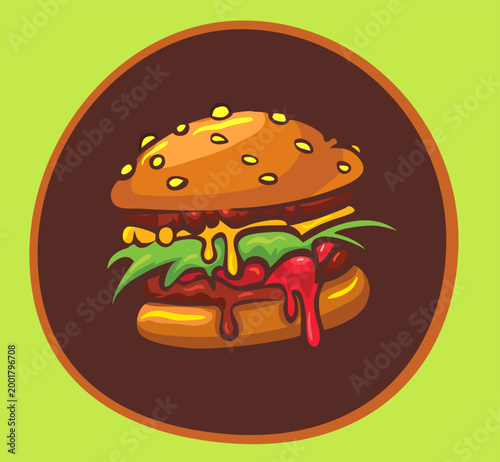 Colorful Fresh Fast Food Burger Cartoon. Outlined Tasty Hamburger or Cheeseburger vector illustration on isolated 