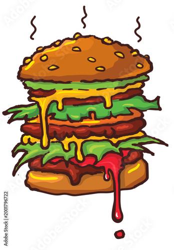 Colorful Fresh Fast Food Burger Cartoon. Outlined Tasty Hamburger or Cheeseburger vector illustration on isolated 