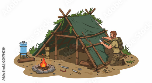 Survivalist building a wooden frame shelter with a green tarp and pine boughs in the wilderness, featuring a campfire and survival gear.