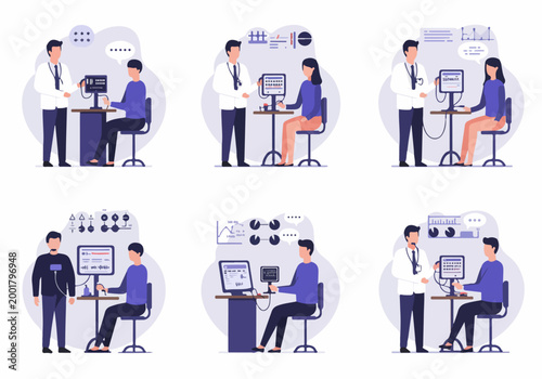 Flat vector illustration set showing medical doctors and patients during diagnostic health checkups and heart rate monitoring with advanced electronic equipment.