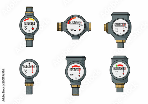 Collection of six stylized cartoon water meter illustrations on a white background for utility and consumption measurement concepts.
