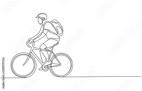 Continuous line drawing of a cyclist with backpack riding a bicycle single line outdoor activity recreational activity illustration transportation backpack outdoors healthy lifestyle