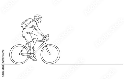 Continuous line drawing of a cyclist with backpack riding a bicycle single line outdoor activity recreational activity illustration transportation backpack outdoors healthy lifestyle