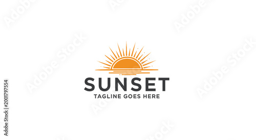 This abstract vector graphic illustration features a stylized representation of a sunset with radiating lines emanating from a semi-circular sun, positioned above a horizontal line suggesting water, p