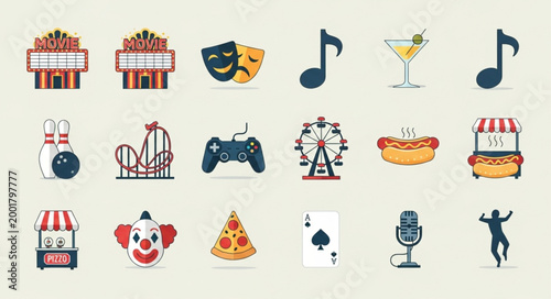 Collection of entertainment and leisure icons on a neutral background.