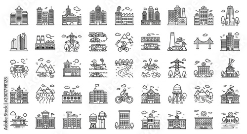 Collection of building icons representing different architectural styles and urban elements.