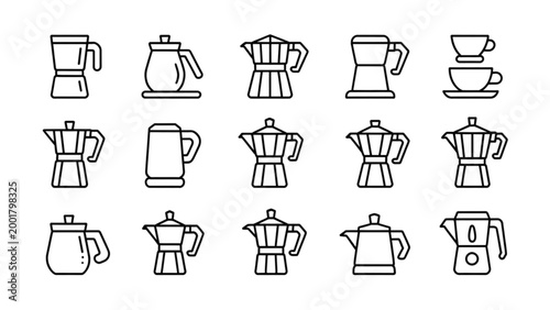 Flat line icons of various kitchen appliances and cookware set Vector