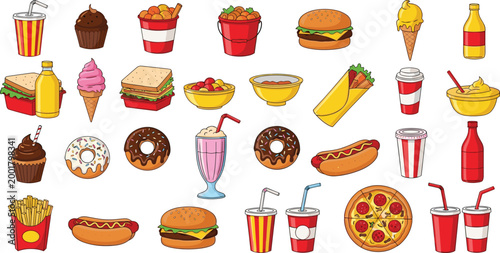 Fast Food and Dessert Icons Collection with Burger Fries Pizza Donuts Soda Ice Cream Sandwich Taco Hotdog and Sweet Snacks Vector Illustration.