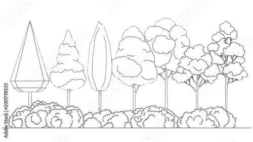 A serene landscape illustration depicts various trees and bushes in 2D AutoCAD drawings.