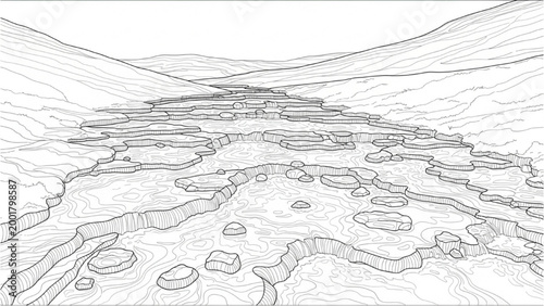 2D AutoCAD drawing of a landscape with rolling hills and layered terrain