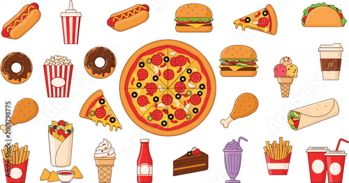 Fast Food and Dessert Icons Collection with Pizza Burgers Hotdogs Fries Donuts Coffee Ice Cream Wrap Soda and Street Snacks Vector Illustration.