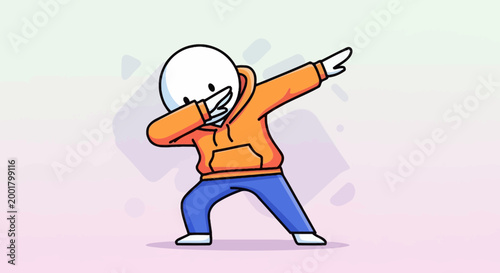 Foto Cartoon character dabbing, funny pose, orange hoodie, blue jeans, white background