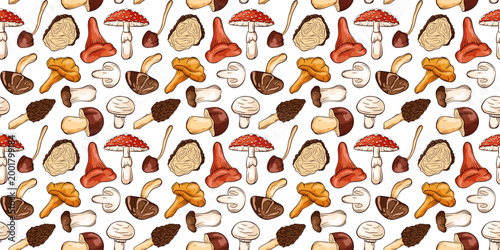Seamless mushroom pattern in cartoon. Forest edible and inedible toadstool nature background. Autumn harvest illustration for fabric, paper.
