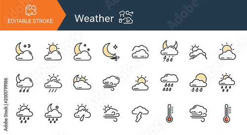 A versatile collection of weather condition vector icons illustrating meteorological phenomena including sunny days, cloudy skies, rainy precipitation, wind gusts, nighttime c