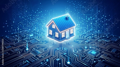 A glowing smart home icon rises from a futuristic circuit board background