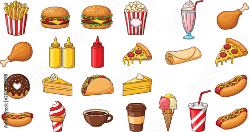 Fast Food and Dessert Icons Set with Burgers Fries Popcorn Milkshake Chicken Pizza Wrap Taco Donut Coffee Ice Cream and Street Snacks Illustration.